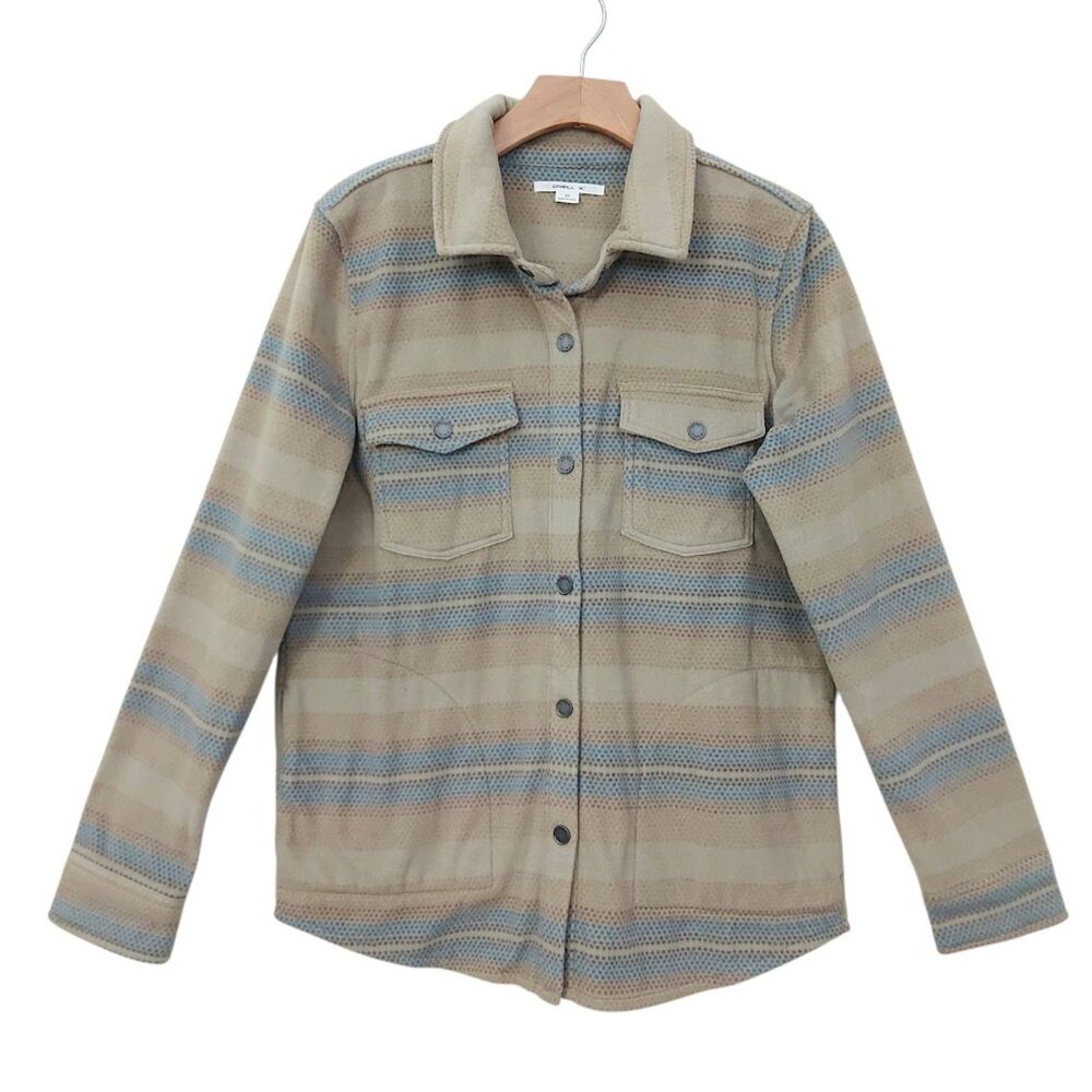 O' Neill Fleece Shirt Jacket Womens Medium Brown Striped Snap Front Outdoor